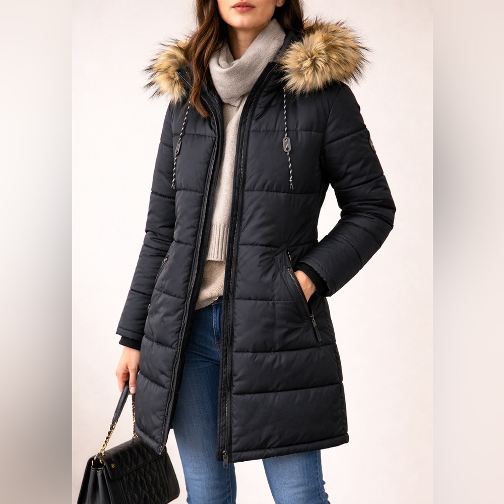 Noize Black Quilted Winter Parka Faux Fur Hood Puffer Coat Women’s Large